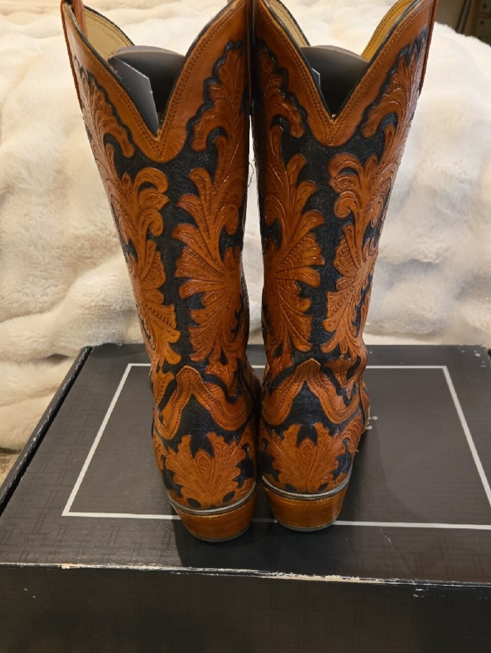 Lucchese Black And Brown Tooled Leather Cowboy Boots - Picture 3 of 9